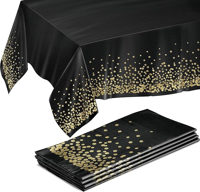 Prestee 4 Pack Gold and Black Table Cloth Rectangle Table Covers 54 x 108 Inches - Plastic Table Cloth Disposable for Part...