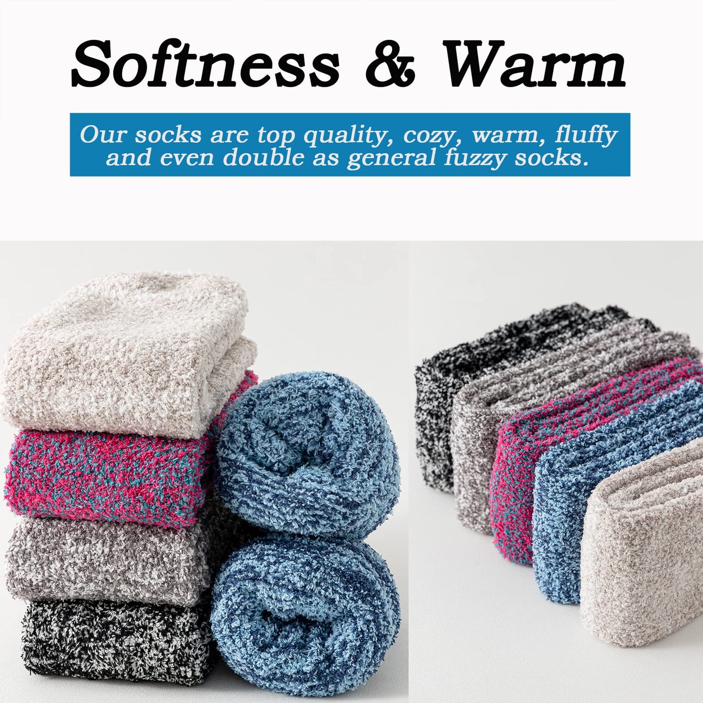 JORMATT 3 Pairs Women Grip Fuzzy Socks Non Skid Men Thick Cozy Slipper Hospital Socks with Grips,Size S
