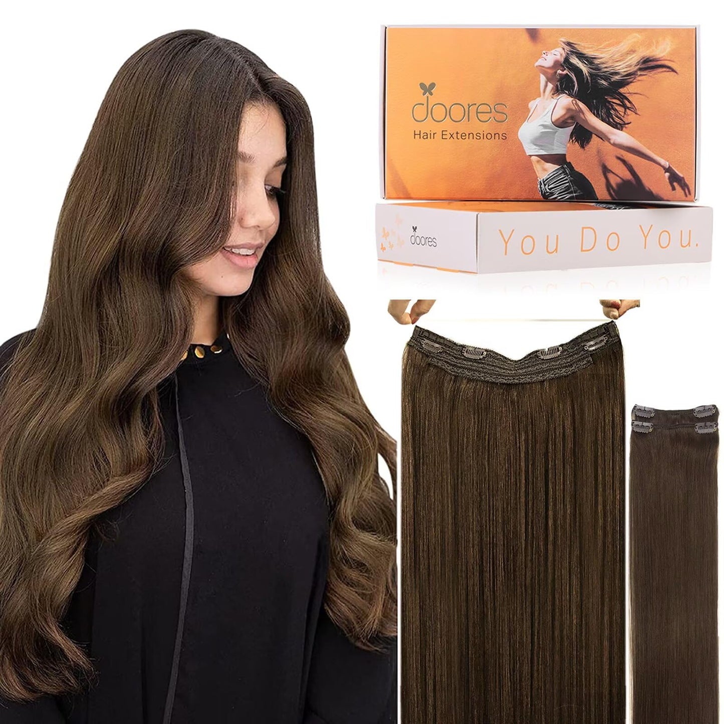 DOORES Wire Hair Extensions, Chocolate Brown 18 Inch 95g Fish Line Weft Extensions and 2pcs 30g Clip ins, 125g Invisible Wire Re