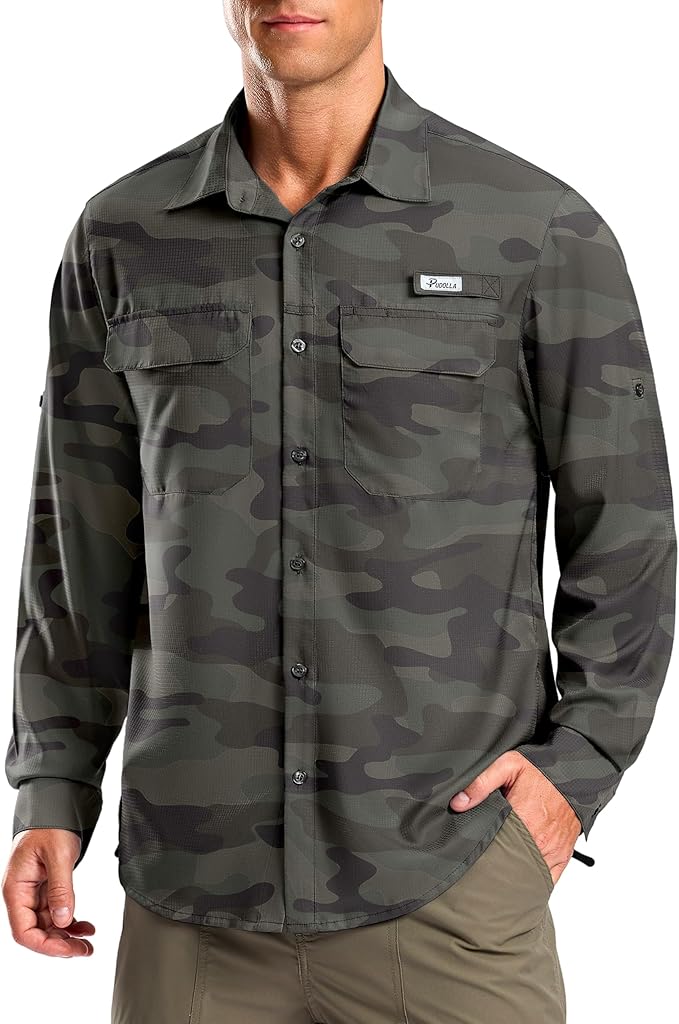 Pudolla Men's Sun Protection Fishing Shirt Lightweight Long Sleeve UPF 50+ Hiking Shirt for Men Outdoor Travel with Pockets