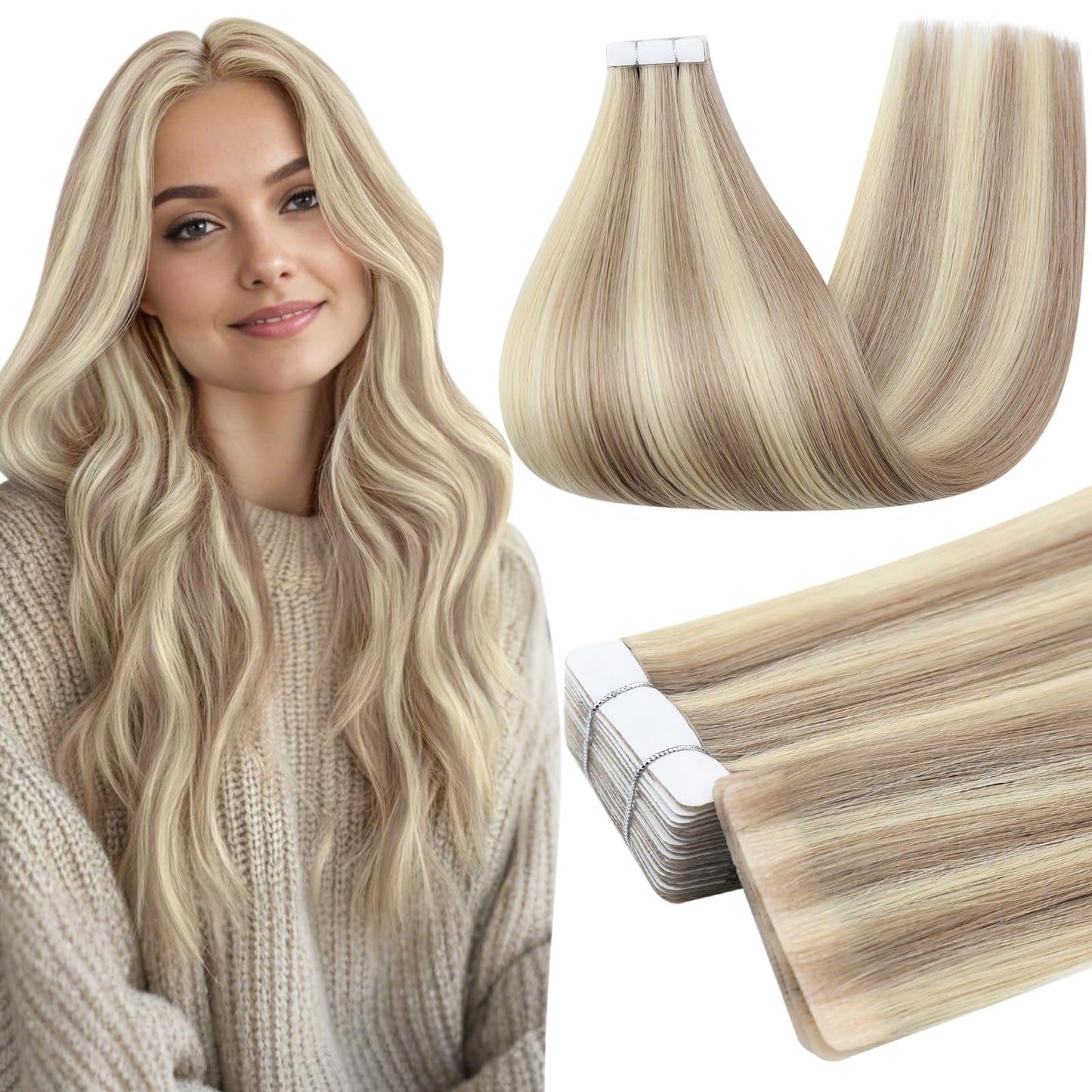Full Shine Injected Remy Human Hair Extensions Tape in 18 Inch Color 18/613 Ash Blonde and Light Blonde Natural Injection Double