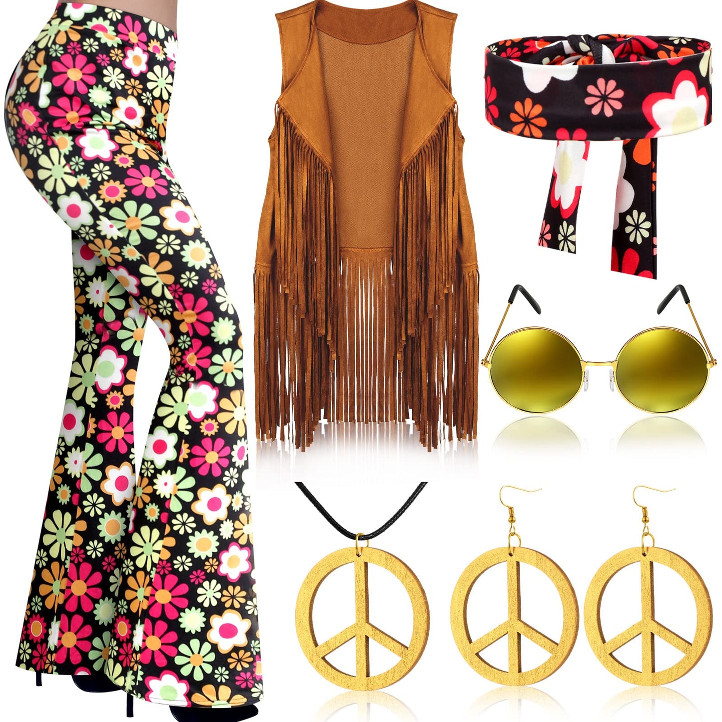 Haull 7 Pcs 60s 70s Outfits for Women Hippie Costume Set Boho Flared Pants Fringe Vest Peace Sign Accessories Set (Flower,XX-Large)