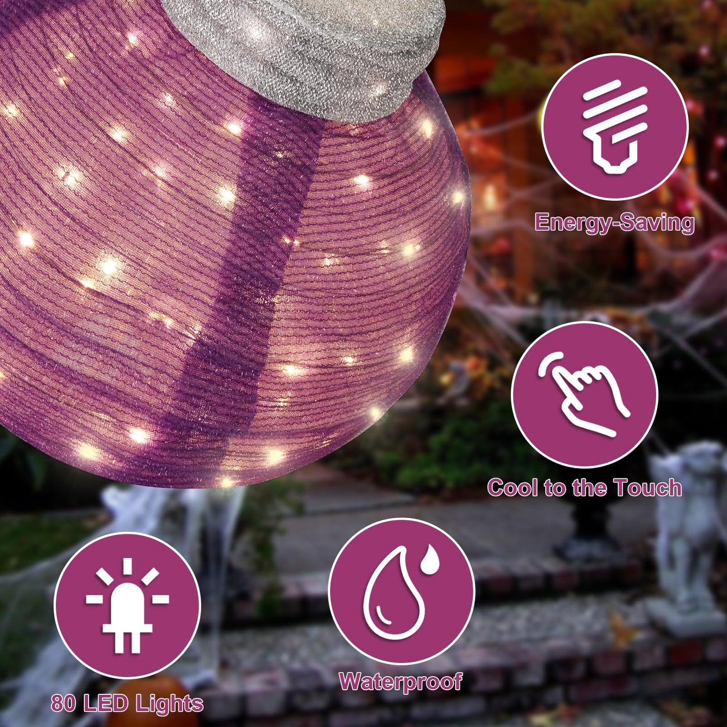 BRIGHTDECK Outdoor Halloween Ornaments, Lighted Pop-Up Outdoor Holiday Ball Decoration with 80 LED Lights, 8 Light Modes, Lighted Collapsible Holiday Decorations for Yard, Home (Purple)