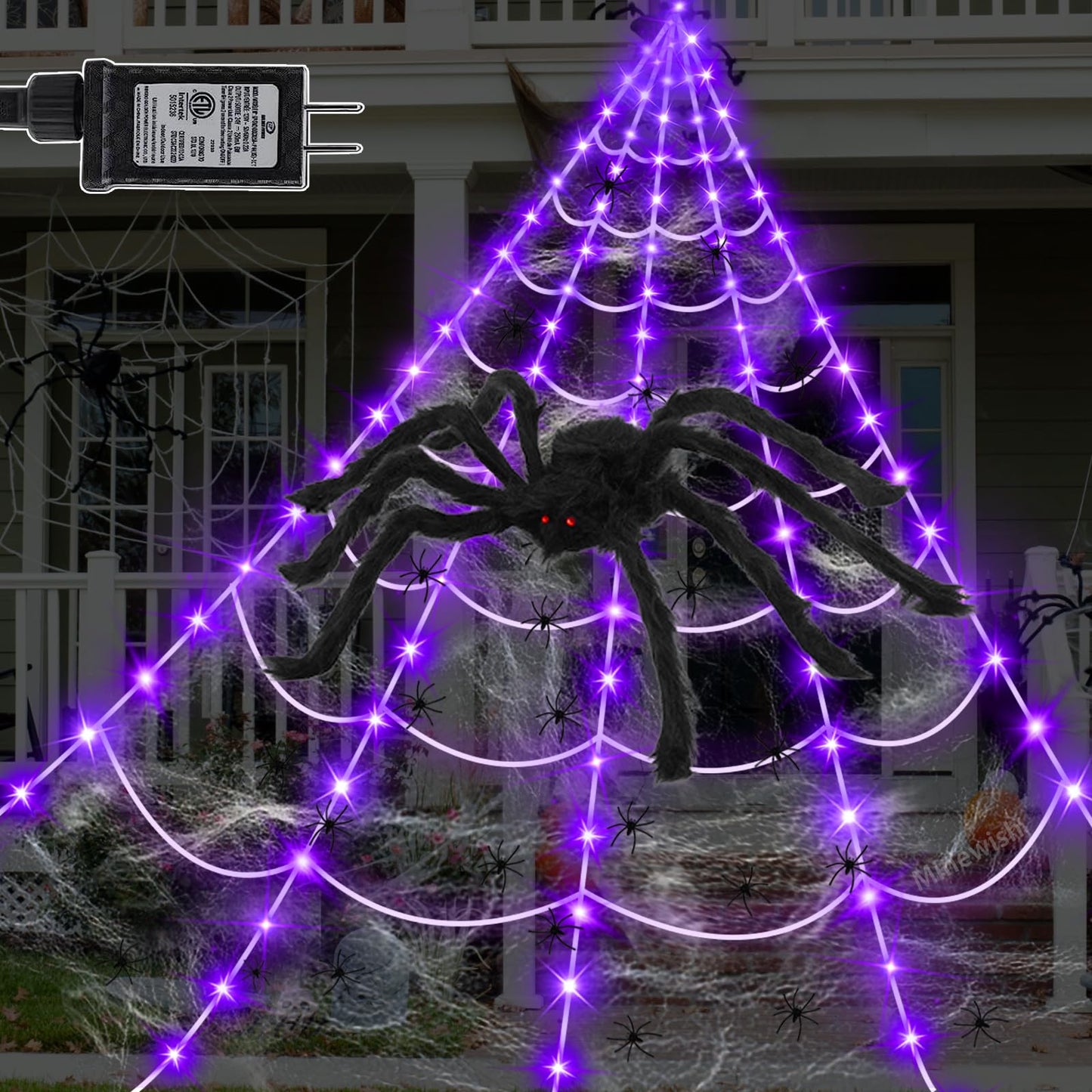 Spider Web Lights Halloween Decorations Outdoor, 135 Purple LED Light Up 16.4Ft Giant Spiderweb & 6.5Ft Large Spider & 22 Small Spiders & 20g Stretch Cobweb, 8 Modes Lighted Decor for Yard Outside