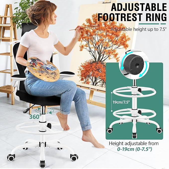 Drafting Chair, Tall Office Chair with 3D Lumbar & Head Support, Ergonomic Mesh Standing Desk Chair with Footring, Comfy Extended High Desk Chair with Flip-Up Arms & Hanger,White