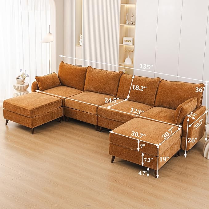 Rexulqo 135'' Modular Sectional Sofa with All Seats Storage, Oversized U Shaped Couch,4-Seater Comfy Cloud Couch with Movable Ottoman,24.5'' Deep Seat,Big Sofas for Living Room,Bedroom,Velet,Yellow