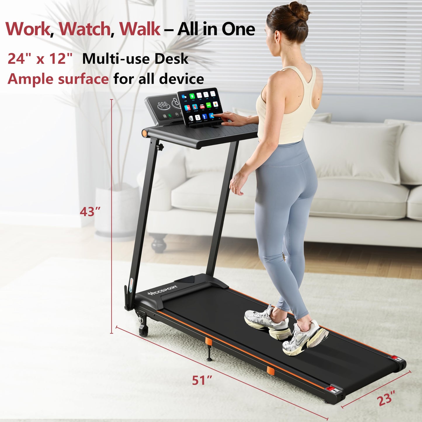Hccsport Treadmill with Home, Foldable Treadmill with Incline, Removable Desk Workstation 3.0 HP 3 in 1 Compact Folding Small Walking Treadmills 300 Lbs Capacity for Home Office