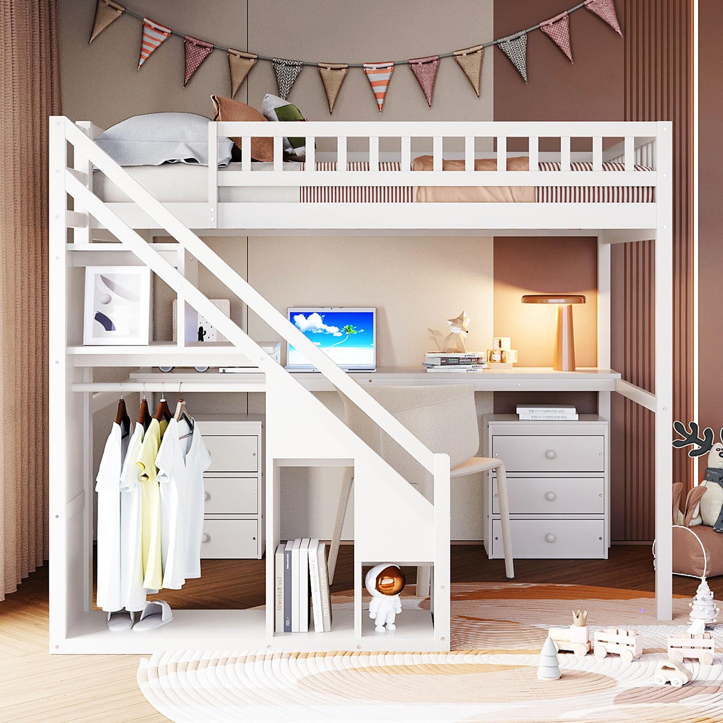 Merax Full Size Wood Loft Bed with Stairs, Built-in Desk, 2 Storage Drawers & Lights, Space Saving Bed for Teens, Adults, Study Loft Bed with Underbed Storage, White