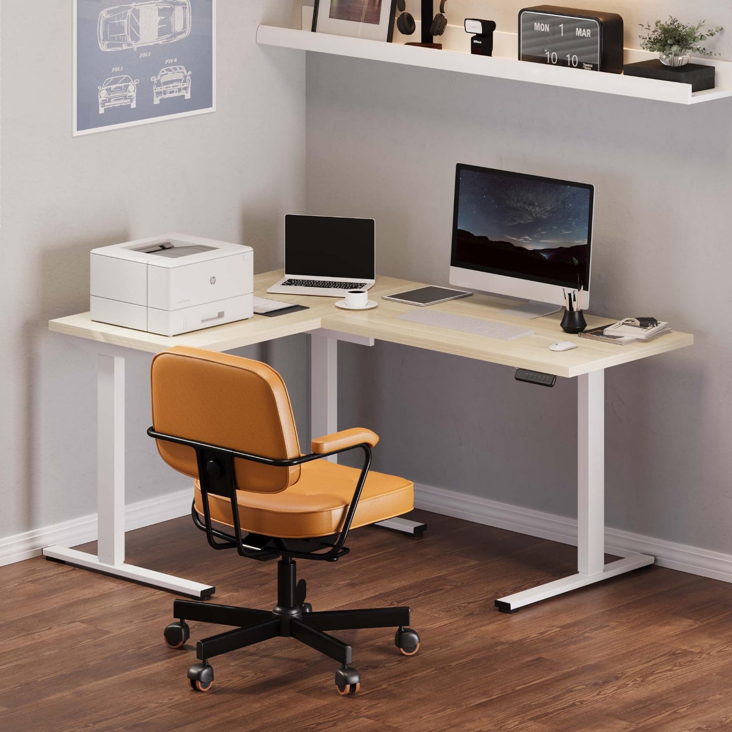FLEXISPOT L Shaped Standing Desk, 63 x 47 Inch Electric Height Adjustable Corner Desk, Sit Stand Computer Workstation, Preset Controller, Home Office, White Frame with Maple Top