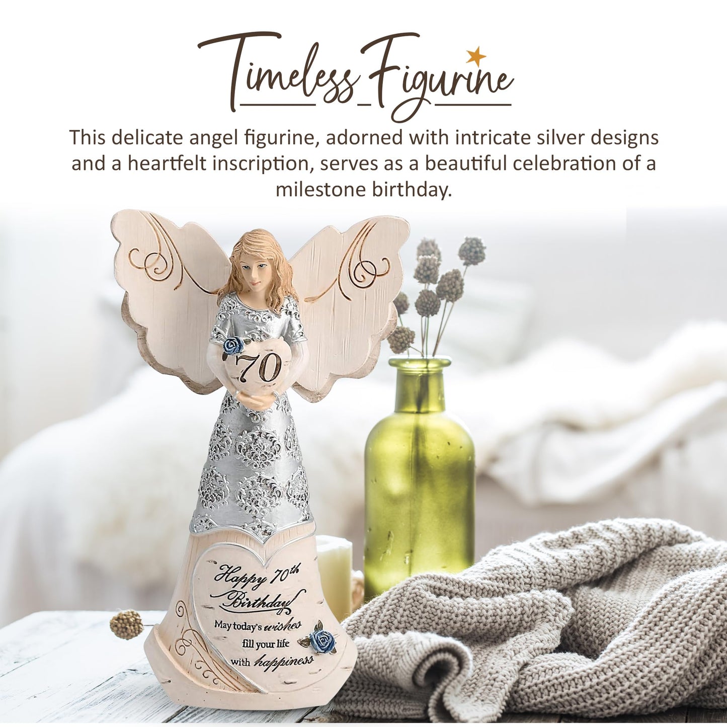Pavilion 'Happy 70th Birthday' 82416 Elements Angels - Polyresin Birthday Angel Figurine - Silver Hand-Painted Remembrance and Keepsake Gift Angel for Grandmothers, Mothers, Aunts, Friends, Women