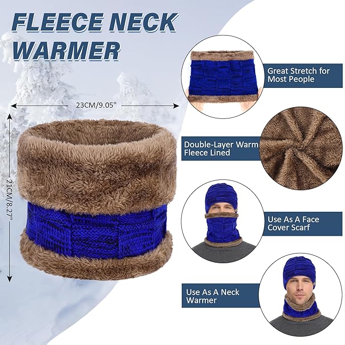 Mens Winter Beanie Hats Scarf Set Warm Knit Skull Cap Neck Warmer with Fleece Lined Winter Hat for Women