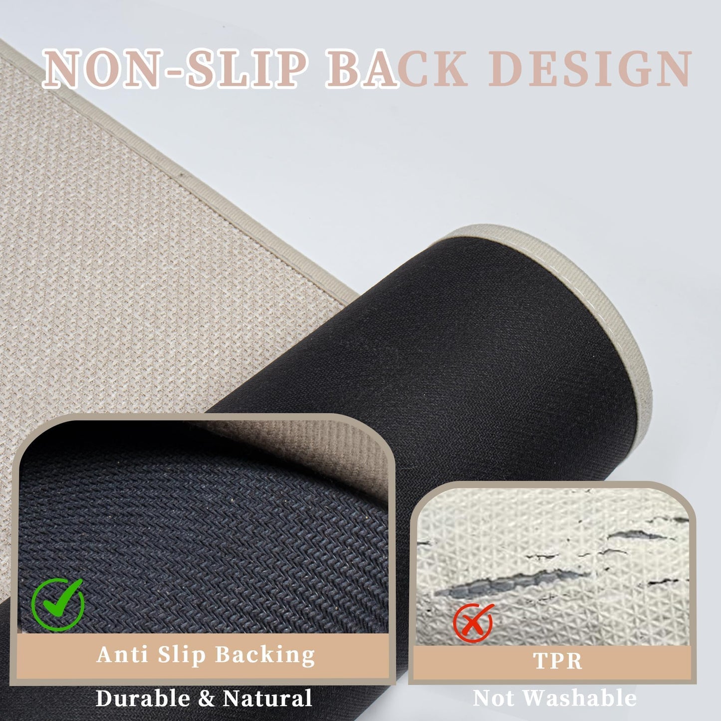 AevitasX Ultra Thin Non Slip Bath Mat with Rubber-Backing Braided Absorbent Machine Washable Bathroom Rugs, Quick Dry, Fits Under Door 17" x 24" Beige