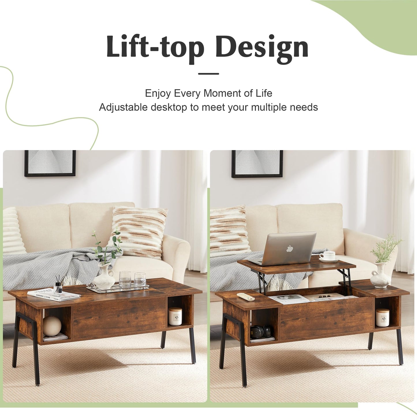 VECELO Wood Lift Top Coffee Table with Hidden Compartment and Storage Shelf for Living Room/Office Reception, Rising Tabletop, Brown