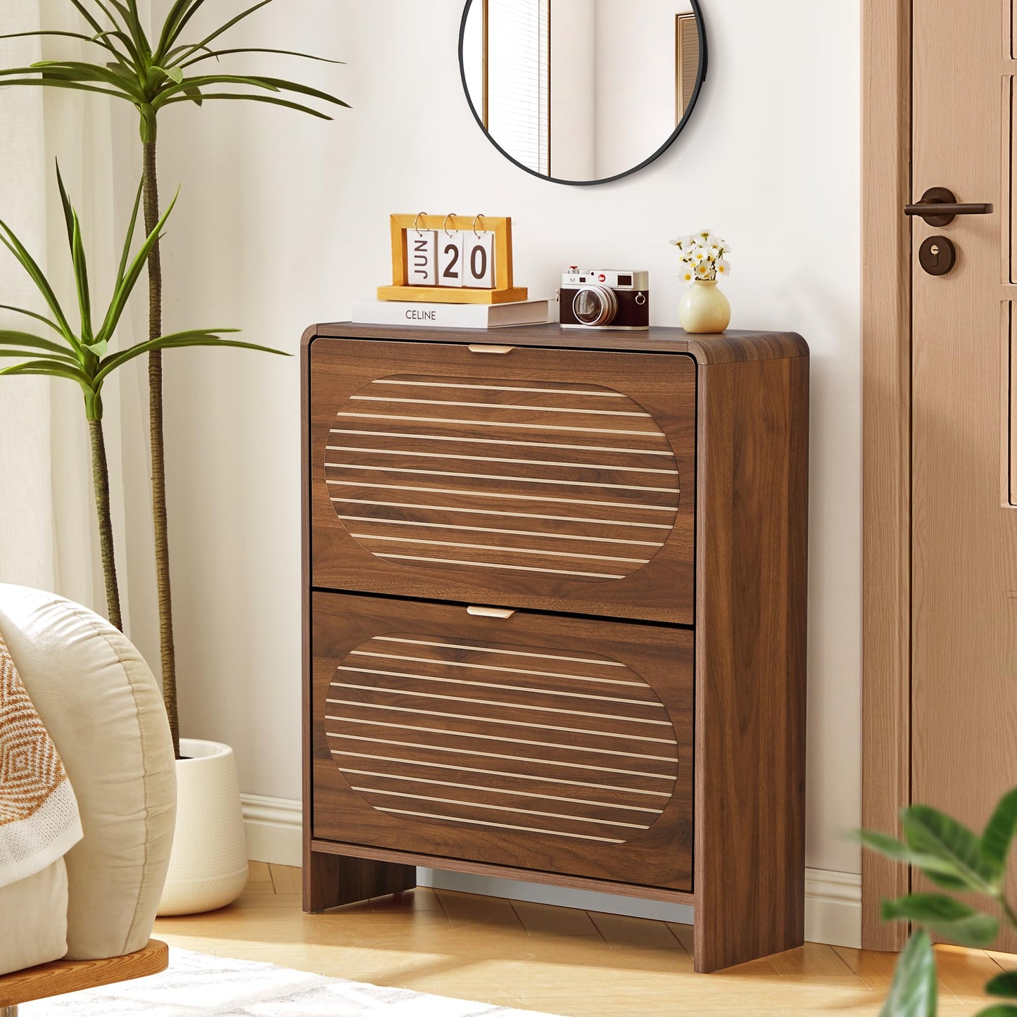 RUSTYER Narrow Shoe Storage Cabinet for Entryway with 2 Flip Drawers, Freestanding Wood Shoe Cabinet with Arched Stripe Panel, Curved Edge Shoe Organizer Closed Shoe Rack for Hallway, Foyer (Walnut)
