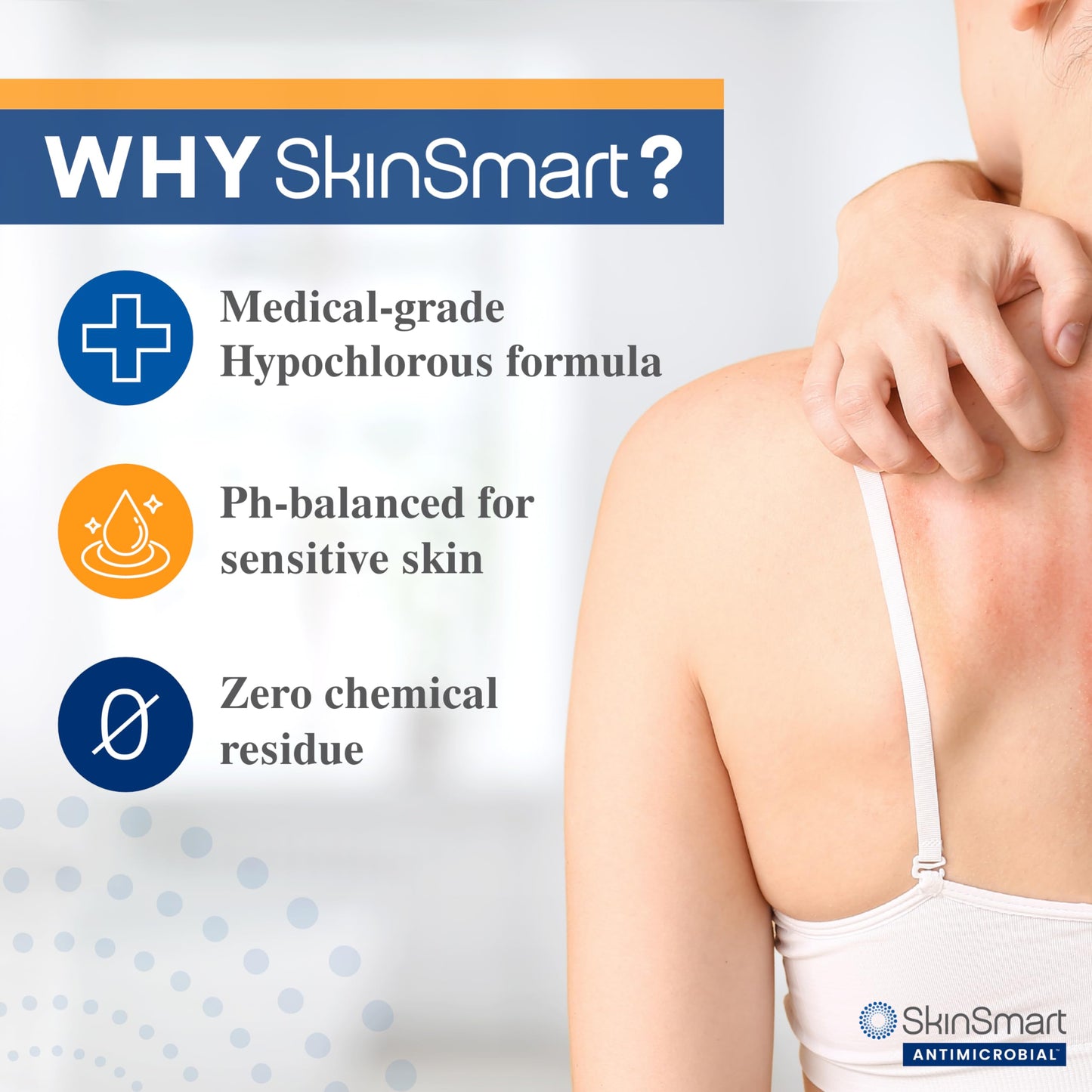 SkinSmart Antimicrobial Eczema Therapy with Hypochlorous Acid, Safely Removes Bacteria so Skin Can Heal, for Adults, Kids and Seniors, 8 Ounce Clear Spray
