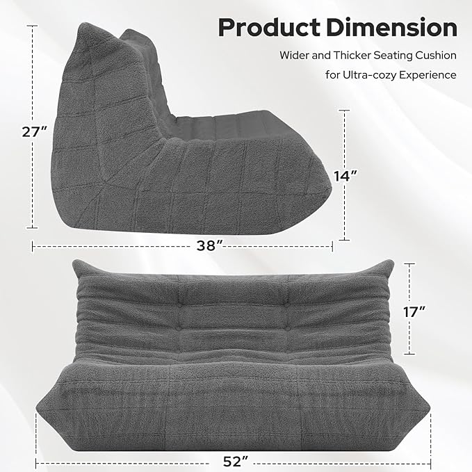 HABUTWAY Bean Bag Chairs Fireside Lazy Floor Sofa, Soft Teddy Fleece 2 Seater Sofa with High-Resilience Foam Filling，Beanbag for Living Room, Bedroom, Office (Dark Grey Teddy)