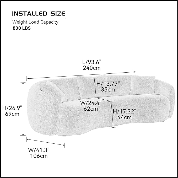 KEIKI 94" Boucle Half Moon Curved Sectional Sofa with 3 Throw Pillows, Modern Style 4-Seater Teddy Fleece Leisure Couch with Curved Backrest, Easy Assembly, for Living Room, Bedroom, Blue