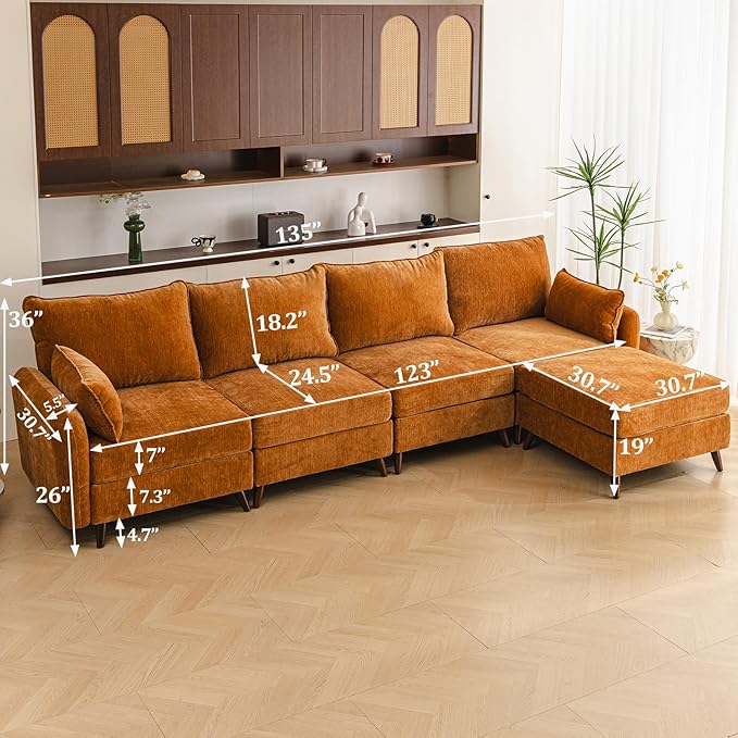 Rexulqo 135'' Modular Sectional Sofa with All Seats Storage, Oversized L Shaped Couch,4-Seater Comfy Cloud Couches with Movable Ottoman,24.5'' Deep Seat,Big Sofas for Living Room,Bedroom,Velet,Yellow