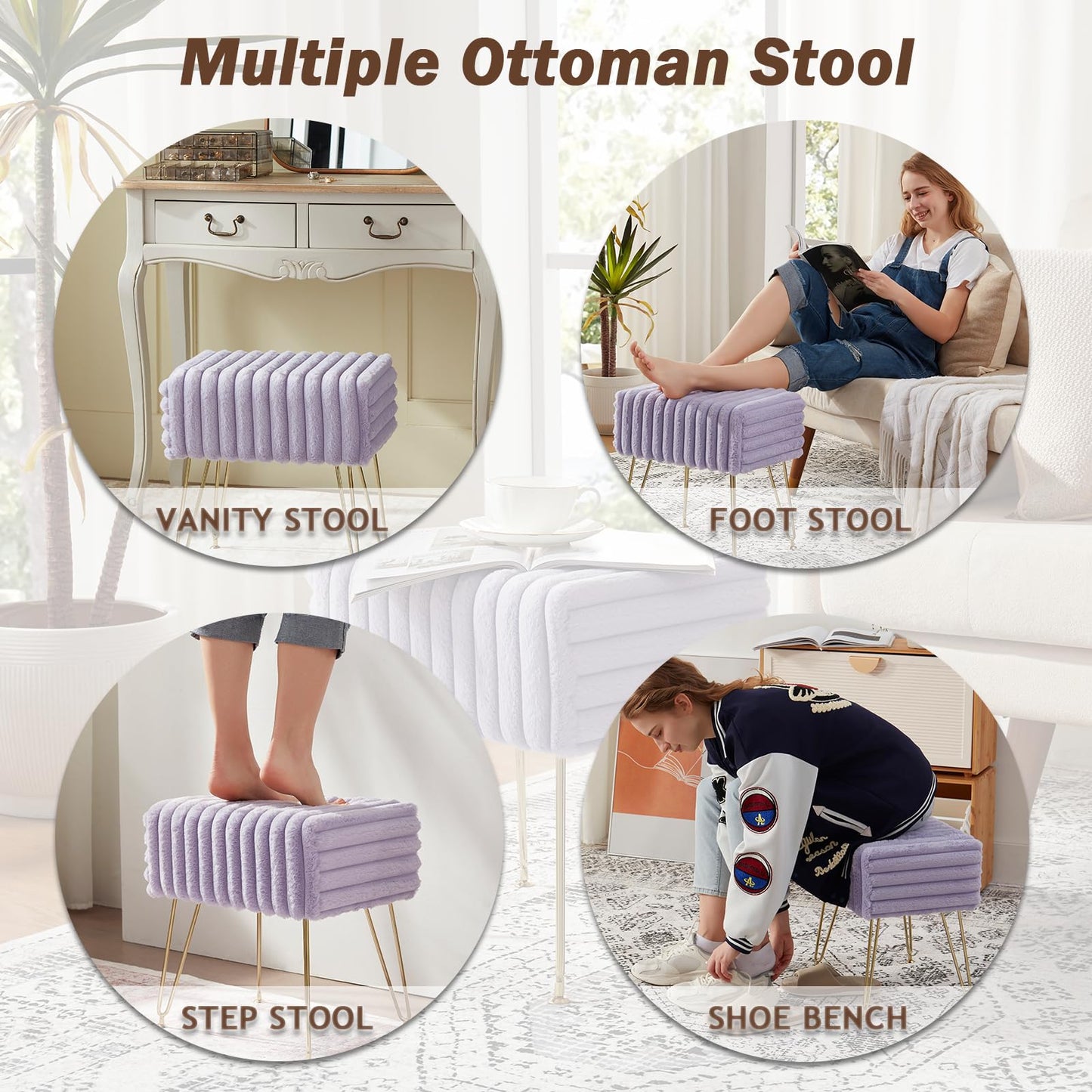 EBENCHICO Vanity Stool Chair,Foot Stools Ottoman,Faux Fur Step Stools,Vanity Stool for Makeup,Make up Chairs for Vanity,Vanity Small Bench Seat Storage