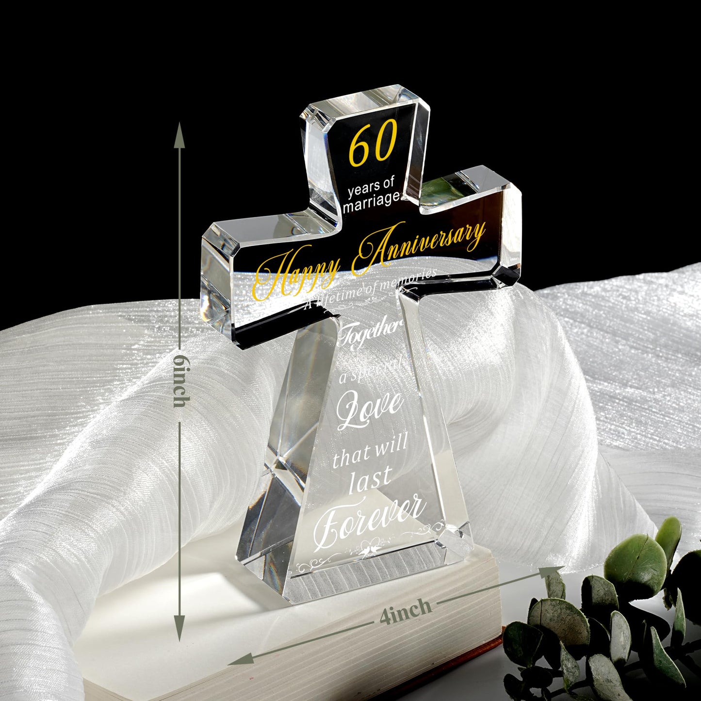 JOASURA 60th Wedding Anniversary Crystal Cross Gifts for Couple, 4x6”Laser Engraved 60 Years of Marriage Religious Gift for Parents