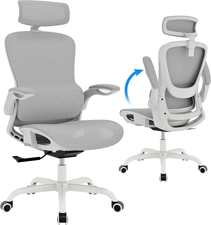 GABRYLLY Ergonomic Mesh Office Chair- White Desk Chair, Flip-Up Armrest, Adjustable Headrest, Tilting with Soft Seat and P...