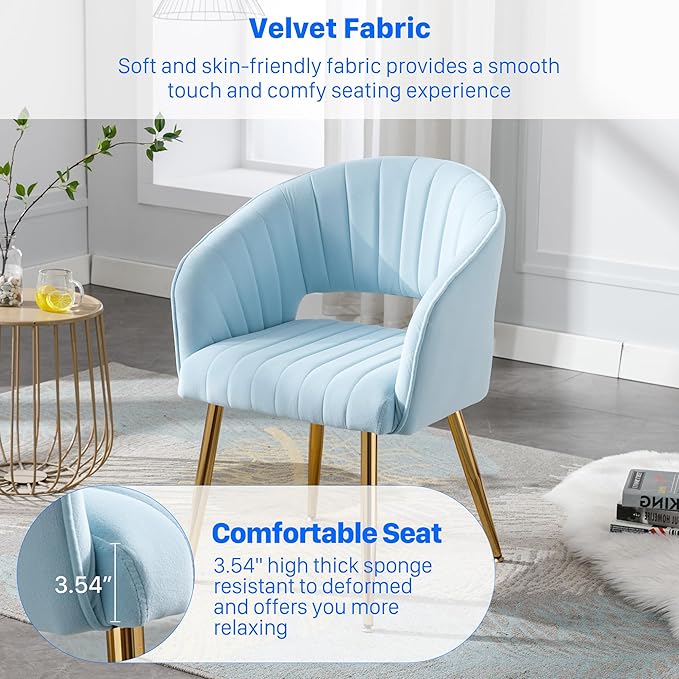 KCC Modern Accent Dining Chairs Set of 4, Upholstered Velvet Dining Room Chairs with Hollow Back, Tufted Kitchen Chairs Side Chairs with Gold Metal Legs for Living Room Restaurant, Baby Blue