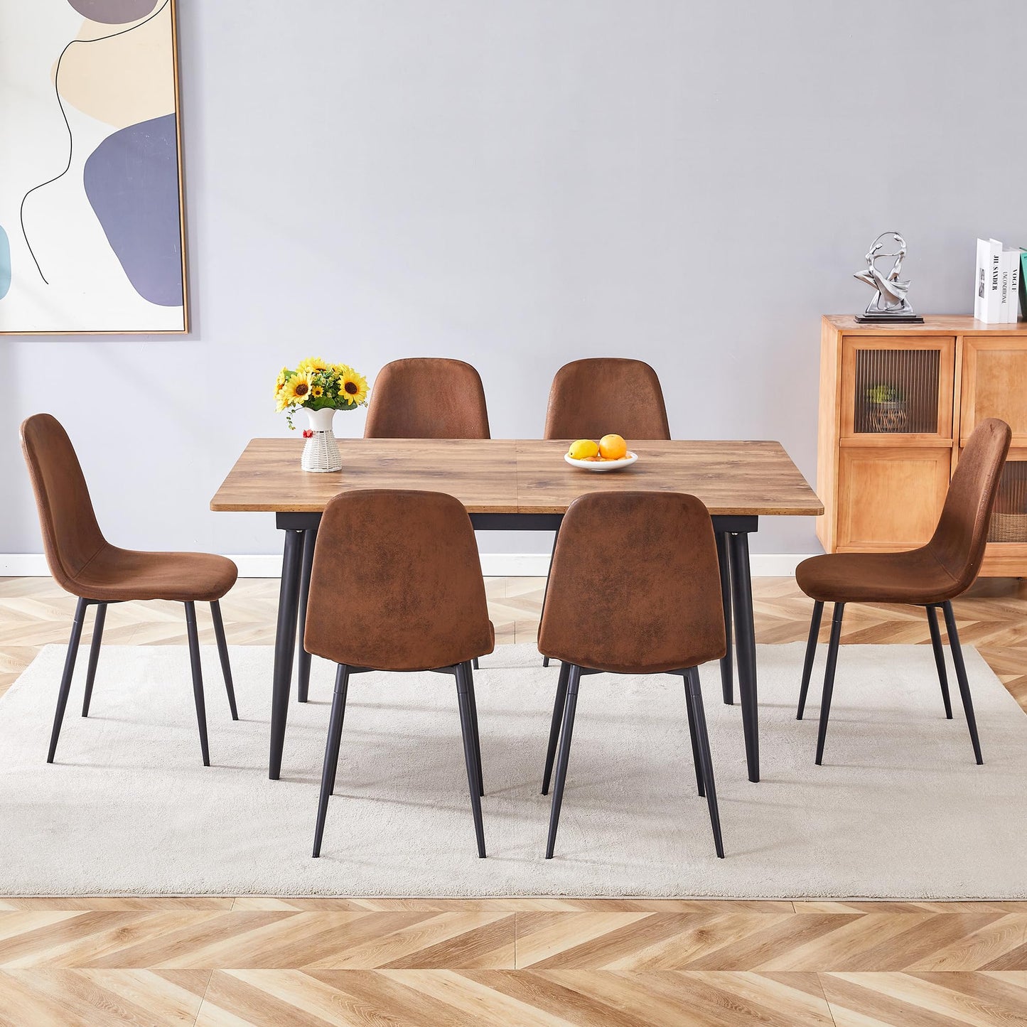 Rejeke 59"-75" Extendable Dining Table Set for 6,Wood Dining Room Table Set for 6,Mid Century Rectangular Kitchen Table with 6 Upholstered Chairs for Home (Easy Assembly,Space-Saving)