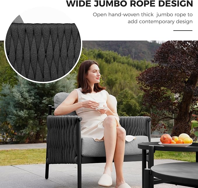 Grand patio 4-Piece Outdoor Furniture Set, Outdoor Sofa Set with 2 Round Side Tables, Modern Metal Patio Couch with 6-inch Thick Waterproof Cushions for Porch Deck Backyard, Grey
