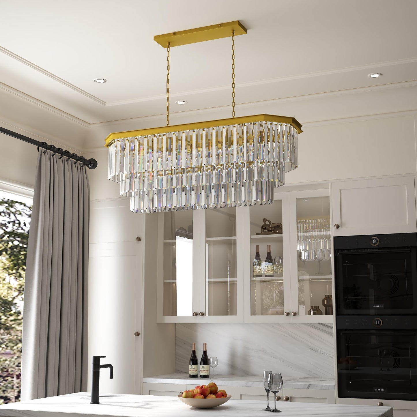 GMlixin Crystal Chandelier, 13-Light 3 Tiers Rectangle Contemporary Pendant, Adjustable Hanging Metal Ceiling Lighting Fixture, Modern Chandeliers for Bedroom,Hallway,Kitchen, L39-inch Gold