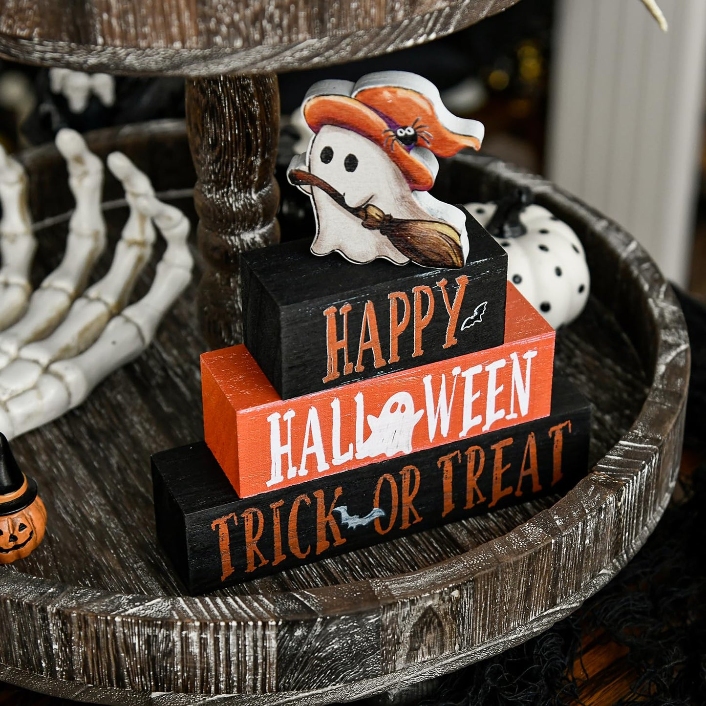 Smile 4 Pcs Wooden Blocks Signs, Happy Halloween Indoor Decorations, Trick or Treat Farm Decor Spooky Rustic for Home Table Shelf and Kitchen