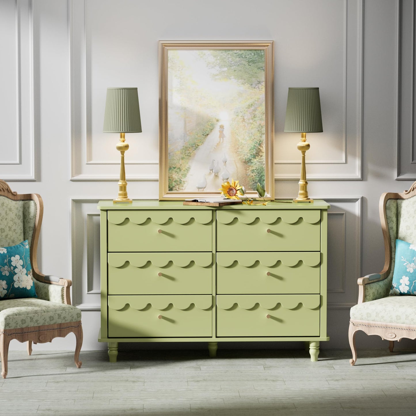 Anbuy Green 6 Drawer Dresser for Bedroom, Modern Wide Chest of Drawers, Scalloped Organizer Storage with Drawers, Fluted Petal Pattern Large Storage Cabinet for Bedroom, Living Room, Porch