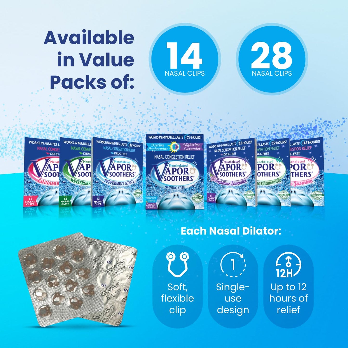 Mentholated Nasal Dilators for Breathing, Congestion, and Snoring - 28 Count Dual-Action Nose Inserts for Daytime and Nighttime - Hidden Nostril Opener Clips Last Up to 12 Hours - Peppermint/Lavender