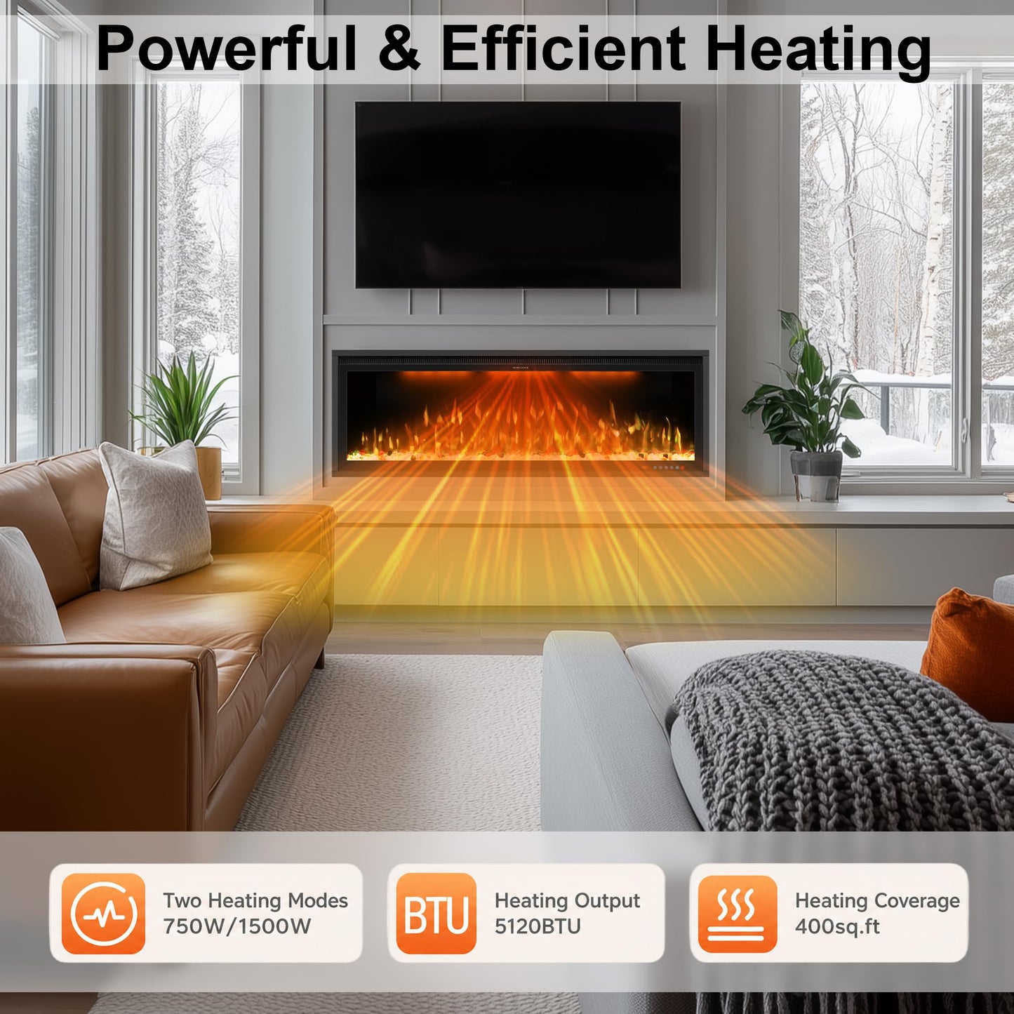 60" Smart Electric Fireplace Inserts, Slim Fireplace with APP & Alexa Control, Remote & Touch Panel, Adjustable Flame Colors & Fuel Bed Colors, Timer & Overheat Protection, 750W/1500W, Black