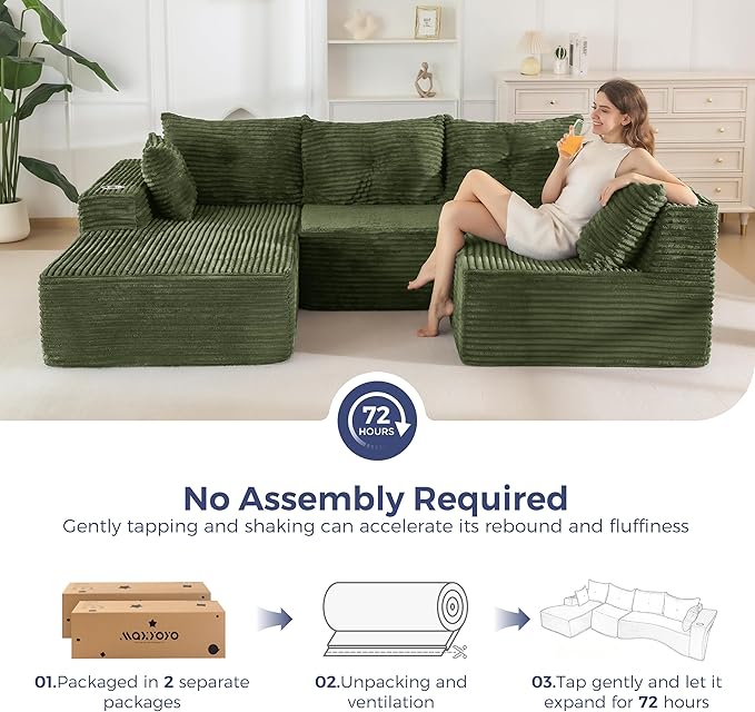 MAXYOYO 132" Oversize Modular Sectional Couch with L-Shape Chaise, Modern Boneless Couch for Living Room, Sofa in A Box, Oversized Sofa Sleeper with Deep Seat, No Assembly Required, Green