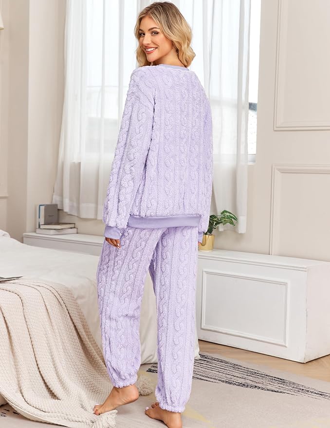 Pajamas Sets for Women Soft Comfy Fluffy Pajama Fleece Pullover Ribbed Pjs Warm Plush Lounge Sleepwear