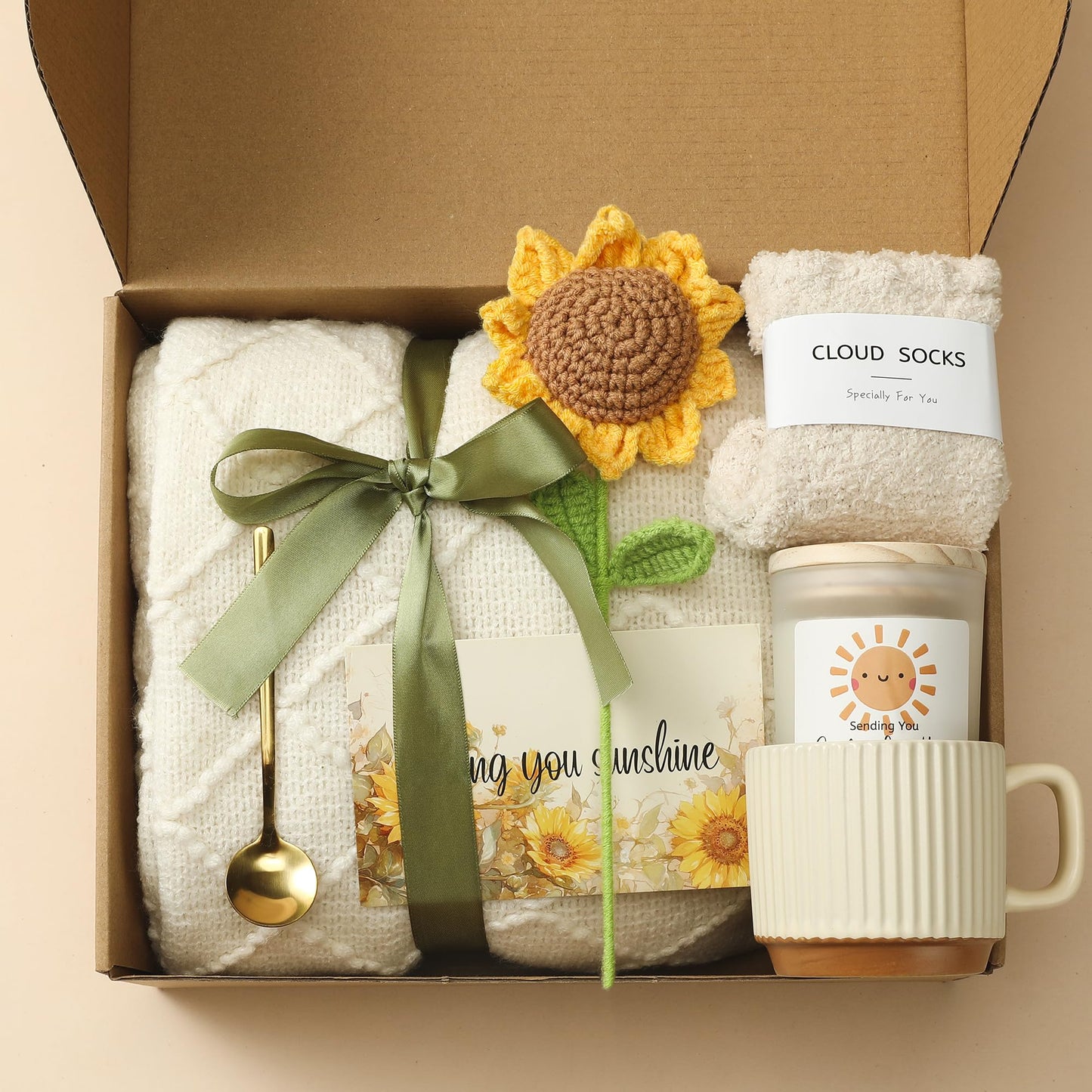 Self Care Gifts for Women - Luxury Package with 50"x70" Cozy Knitted Blanket, Fuzzy Socks, Soy Candle, Sunflower Decor | Birthday, Thinking of You, Get Well Gifts | Mom, Girlfriend, Best Friend