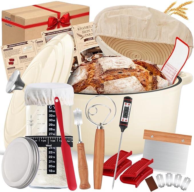 Enameled Cast Iron Dutch Oven Pot with Lid, Incl. Sourdough Bread Baking Supplies Like Banneton Bread Proofing Basket, Starter Jar, Bread Lame, 5QT Dutch Oven for Bread Baking, Oven Safe up to 500°F