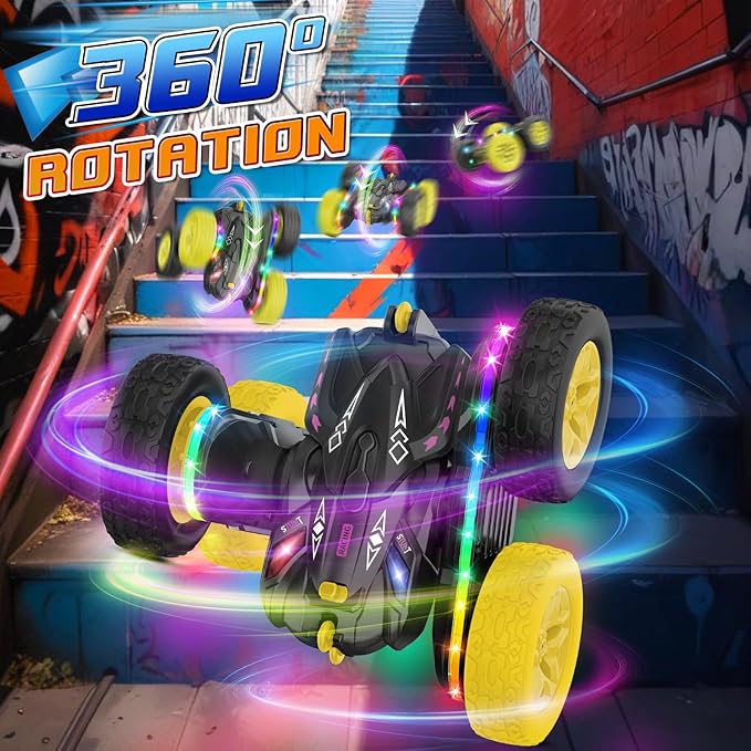 Remote Control Car,RC Cars with Sides Light Strip and Headlights,Double Sided 360 Flips Rotating RC Stunt Car,2.4Ghz All Terrain Toys for Ages 4-8 Kids Toy for Boys Birthday Gift(Black)