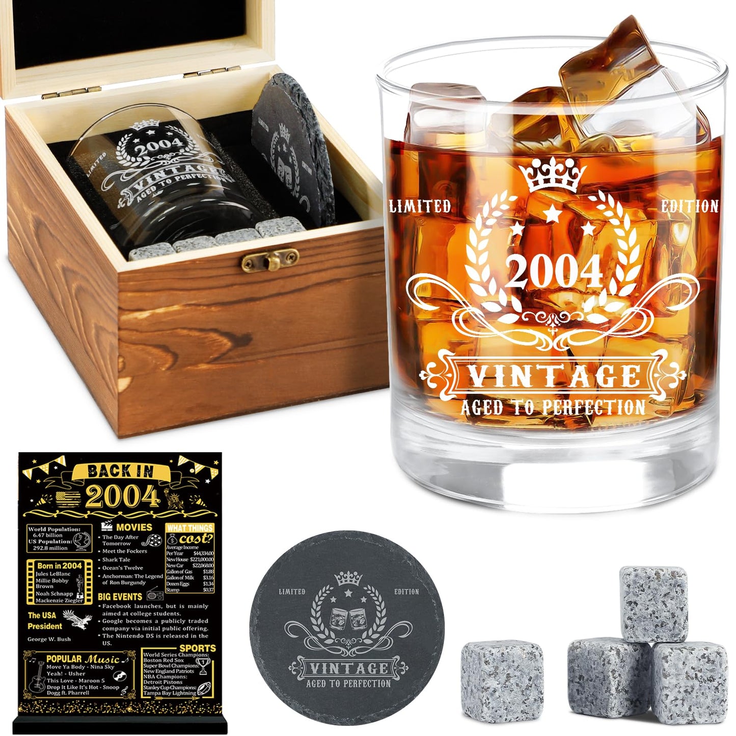 YeohJoy 21st Birthday Gifts for Him,Vintage 2004 Whiskey Glass Set,Wood Box &2004 Poster Anniversary Card & Whiskey Stones & Coaster,Bday Gifts Ideas for Him, Dad, Husband