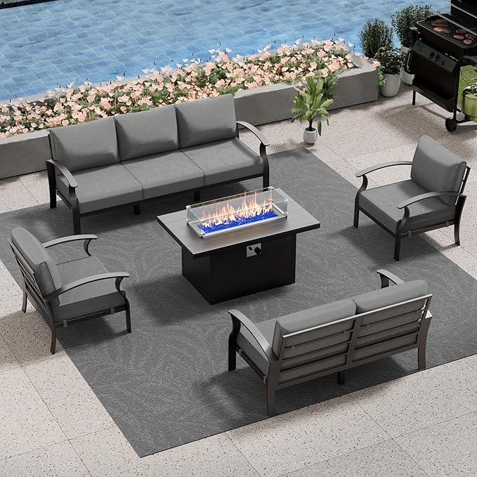 RTDTD Aluminum Outdoor Patio Furniture Set,5 Pieces 7 Seats Patio Conversation Sets with 45" Propane Fire Pit Table,Metal Patio Sectional Furniture Set w/5.1" Cushions for Porch,Deck,Backyard,Grey
