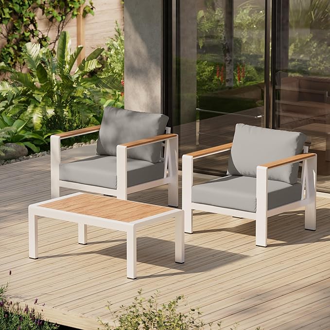 Oasbira Aluminum Outdoor Sofa Bistro Set, 3 Piece Outdoor Patio Furniture Set with Washable Thick Cushion, Patio Sectional Furniture Set for Porch, Balcony, Deck, Yard, White