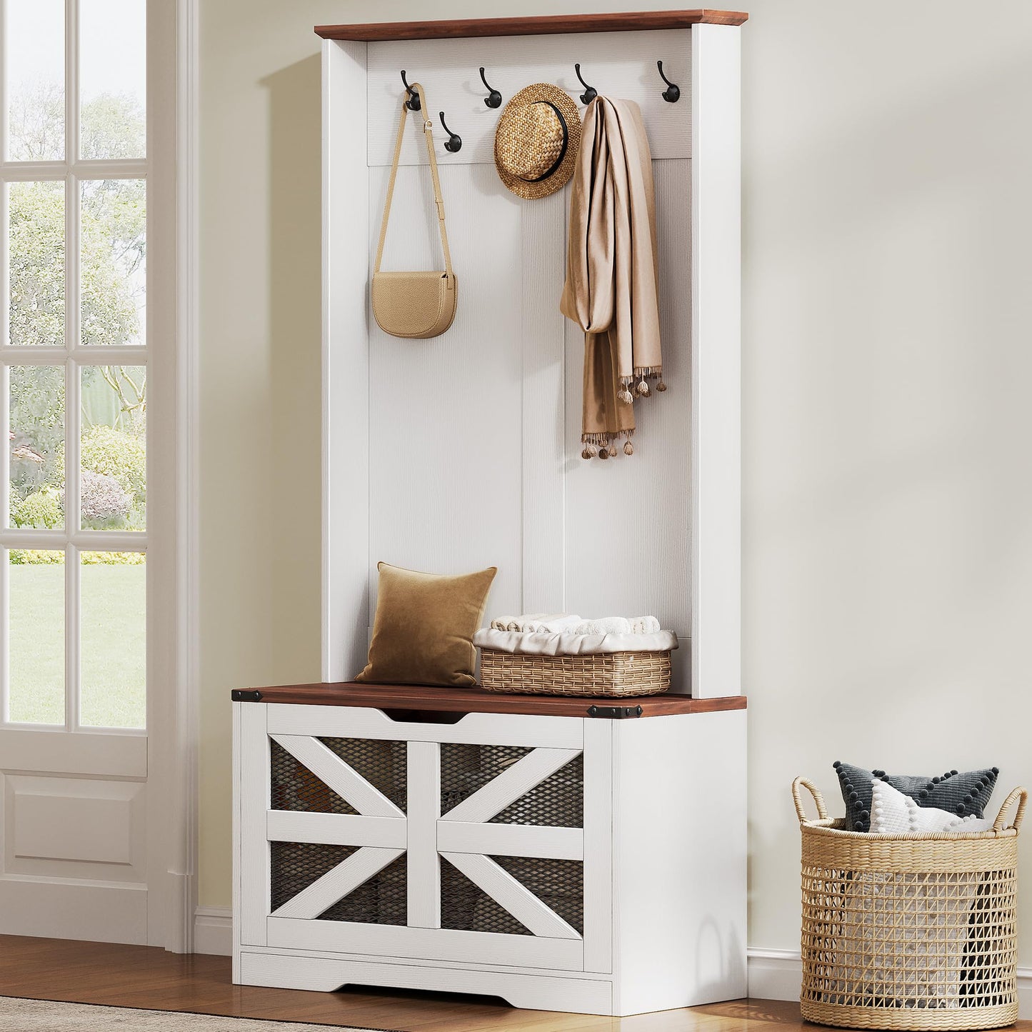 YITAHOME Hall Tree with Bench and Shoe Storage, Mudroom Storage Coat Rack Hallway Tree with 7 Hooks, Farmhouse Wood Shoe Bench for Entryway & Mudroom, Walnut & Off-White