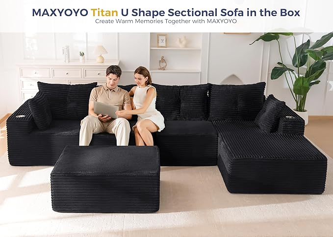 MAXYOYO 132" Giant U-Shaped Modular Sectional Couch, Modern Boneless Couch for Living Room, Sofa in A Box, Oversized Sofa Sleeper with Deep Seat, No Assembly Required, Black