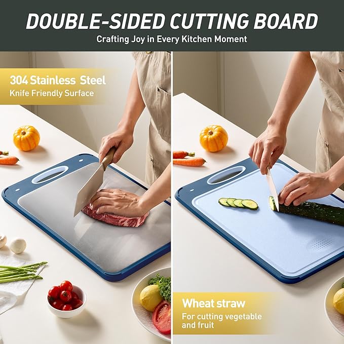 2 in 1 Stainless Steel Cutting Board with Handle 2 Packs Double Sided Cutting Board Stainless Steel Chopping Board Extra Large Big Small Best Hardwood Kitchen Counter Organic Vegetable Meat BBQ Kit