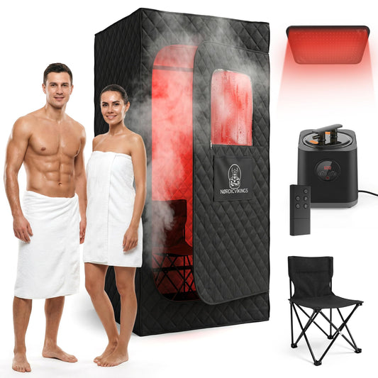 Nordic Vikings Portable Steam Sauna Pod for Home, Large Sit-in Design, Fast Heat-Up, 3L Steamer with Remote, 660 nm Red-Light Panel, Foldable Indoor Spa Tent for Relaxation & Recovery