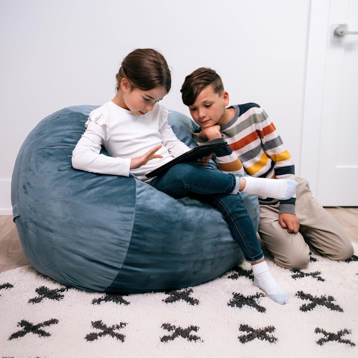 Big Joe Little Big Fuf Foam Filled Bean Bag Chair, Slate Blue Plush Soft Polyester