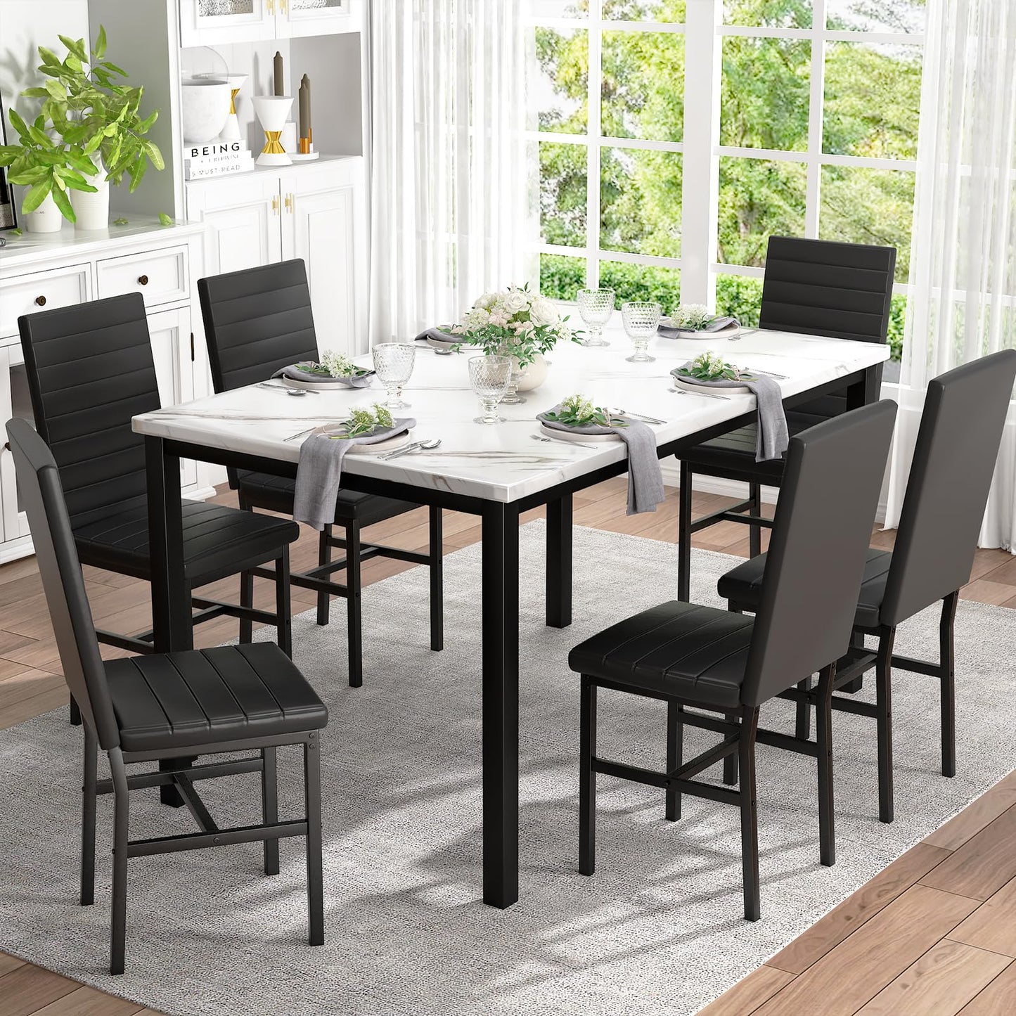 Recaceik Dinner Table Set for 6,Faux Marble Dining Room Table Set,7 Piece Dining Table Set for 6 with PU Leather for Kitchen and Dining (White & Black)
