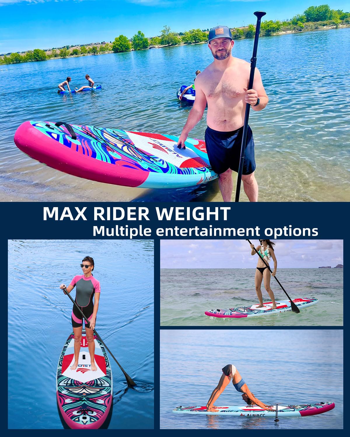 AISUNSS SUP Board 10.6Ft All Around Board Premium iSUP, Yoga Board with SUP Accessories Include Non-Slip mat, Waterproof Phone Bag, Double Action Pump, Adjustable Aluminum Paddle (Butterfly SUP)