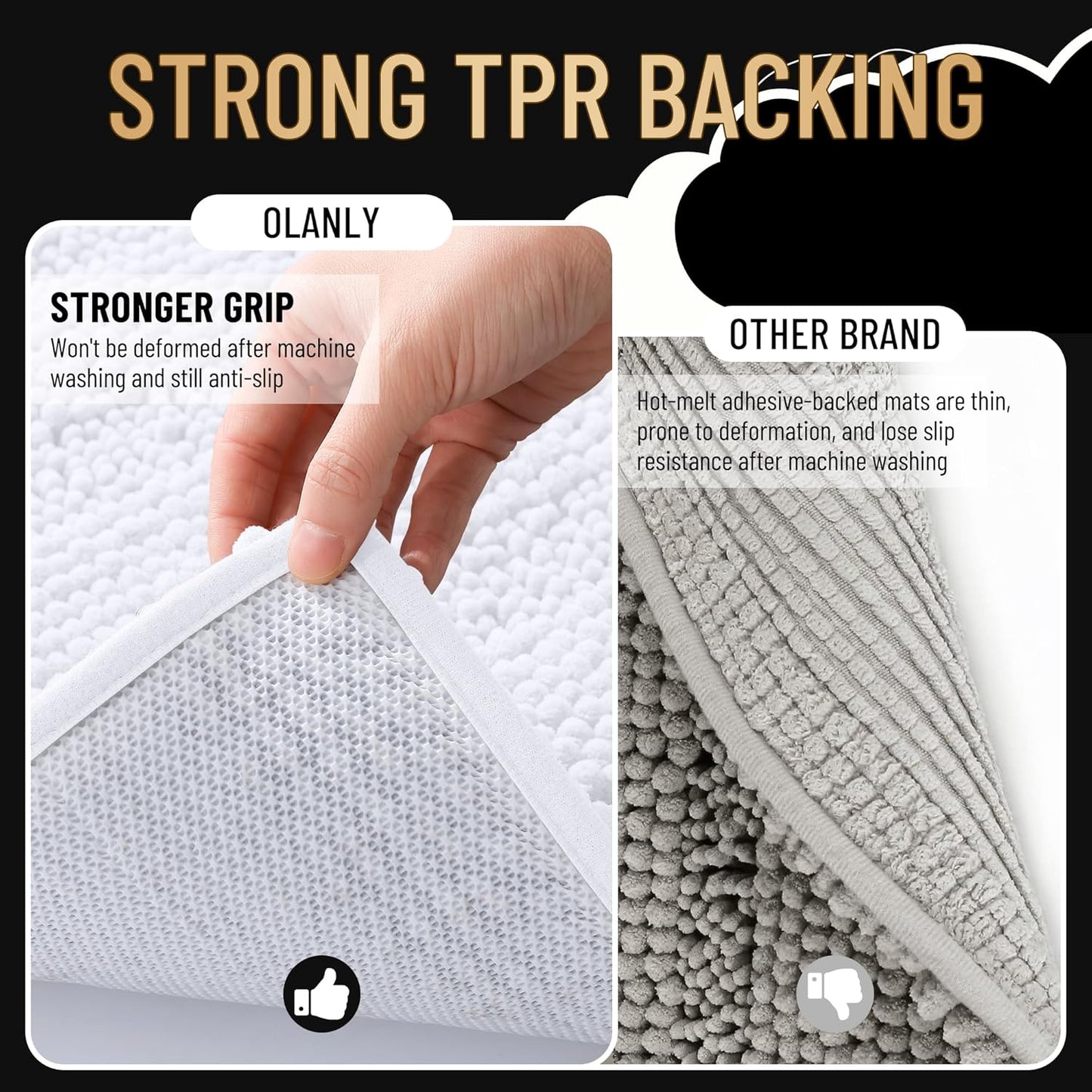 OLANLY Thick Bathroom Rugs 47x20, Extra Soft Absorbent Chenille Striped Bath Rugs, Rubber Backing, Machine Wash Dry, Bath Mats for Bathroom Floor, Tub and Shower, Home Decor Accessories, White