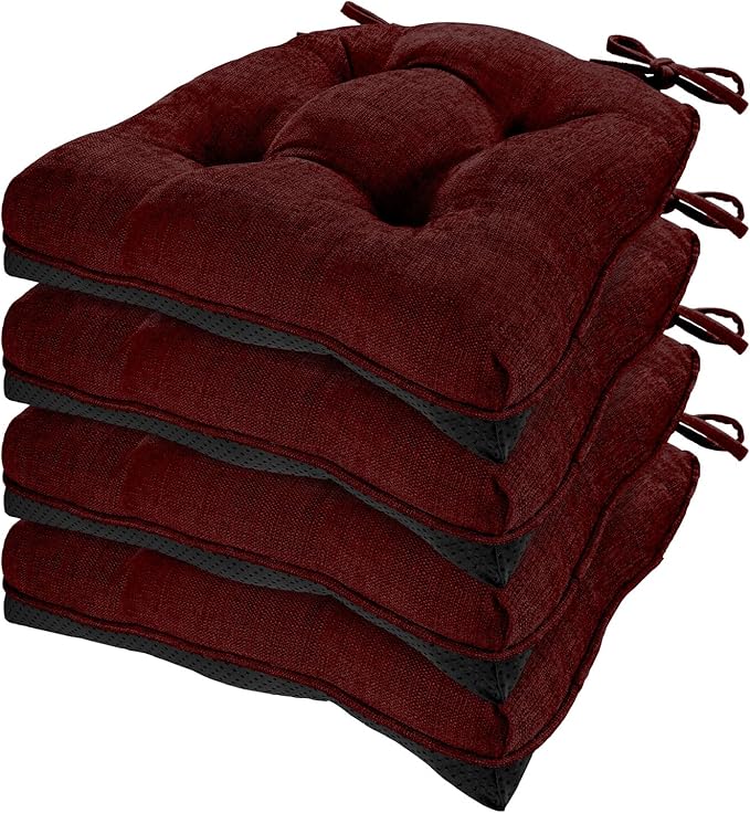 HARBOREST Chair Cushions for Dining Chairs Set of 4 - Chenille Tufted Kitchen Chair Cushions with Ties and Non-Slip Bottom, Foam Chair Pads for Dining Chairs, 17" x 17", Burgundy